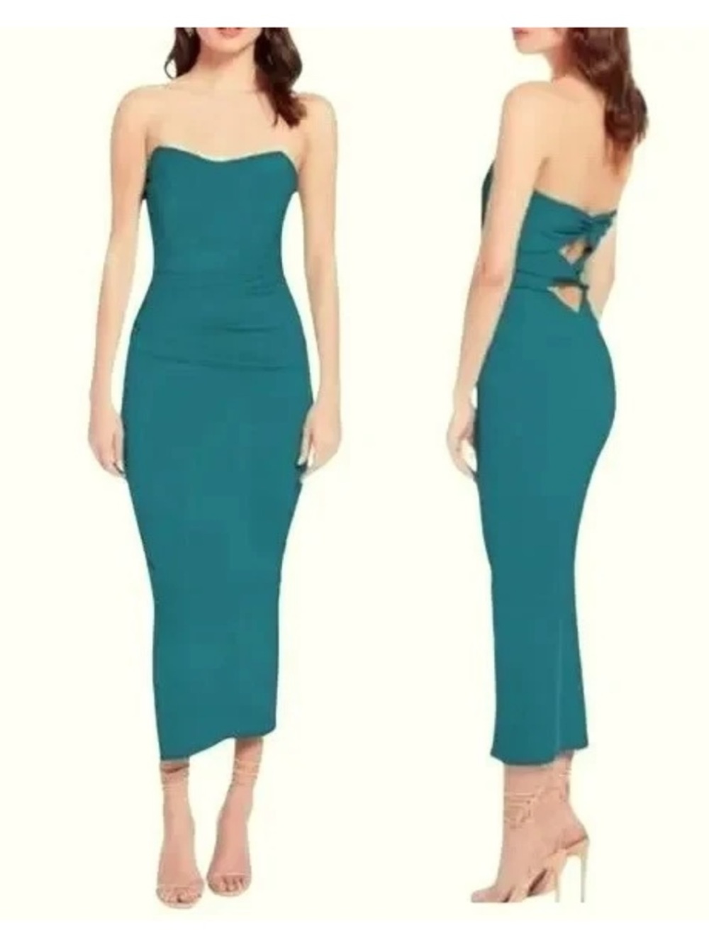 Katie May Ashun Strapless Midi Dress Back Cut Out Ruched Side Slit Teal Size XS